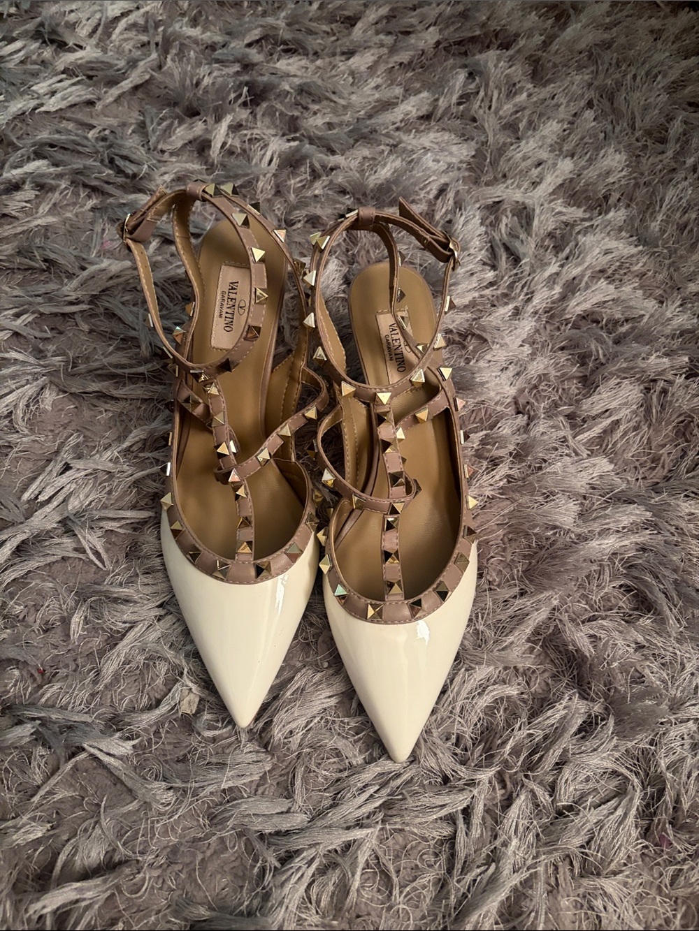Valentino Patent Pointed-Toe T-Strap Heels in White and Nude with Gold Studs